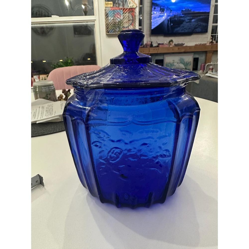 Vintage Cobalt Pressed Glass Canister/Candy Jar